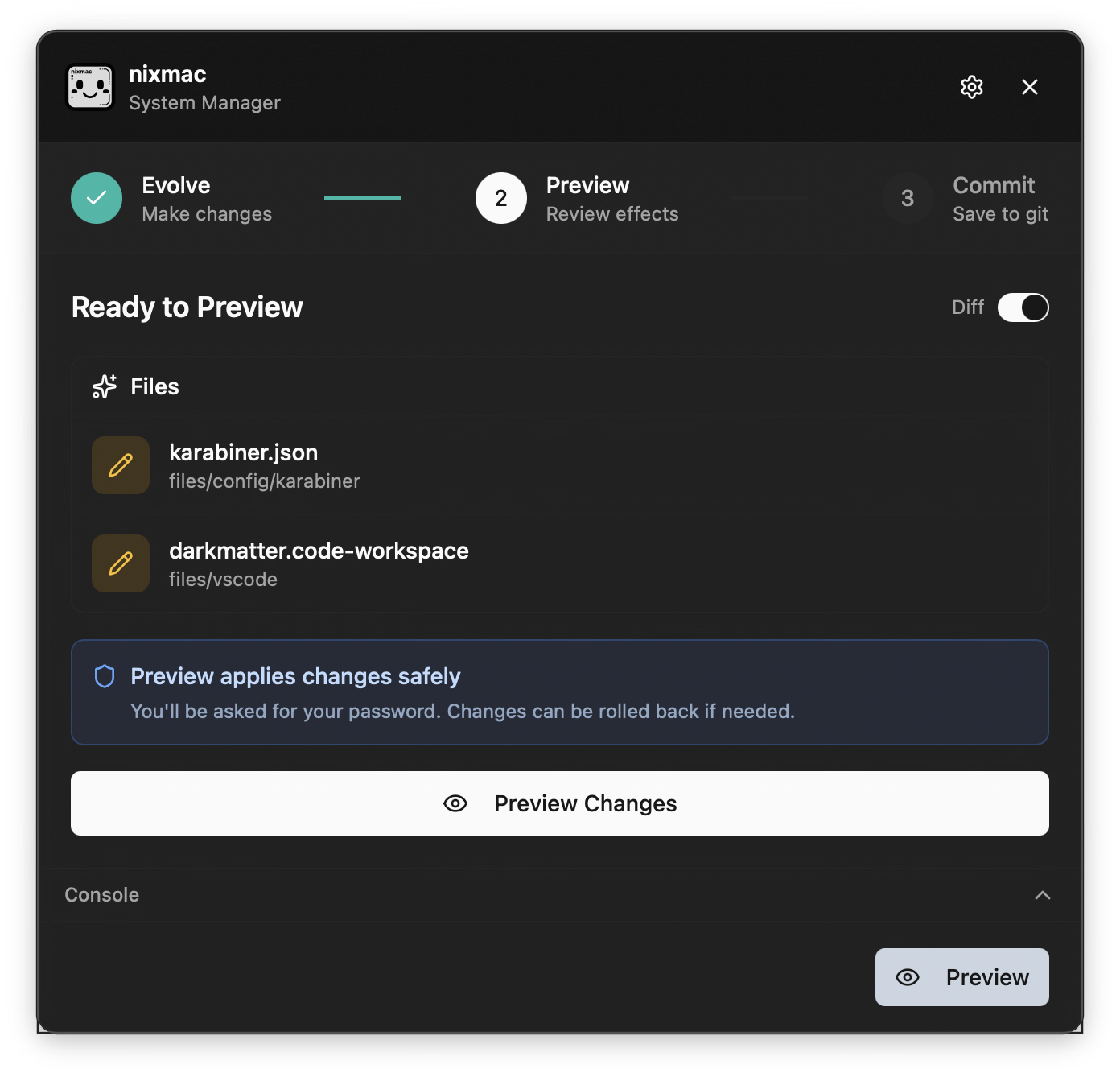 nixmac desktop application showing the system manager interface with configuration options